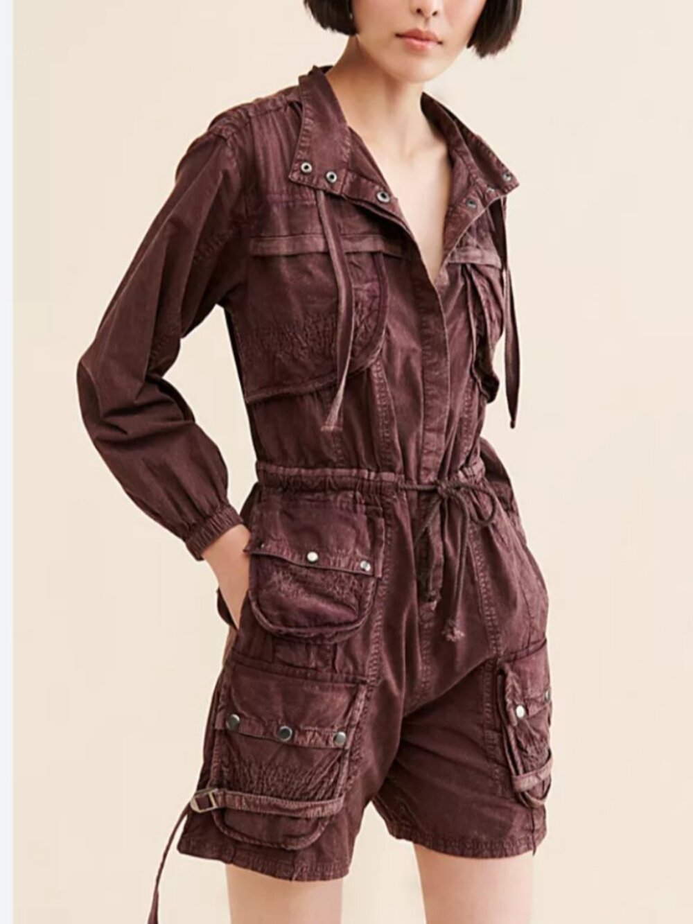 NWT Free People Moon Bay Parachute Shortalls in Mineral Brown